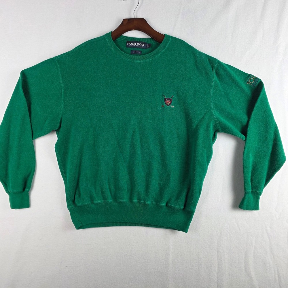 Polo Golf Ralph Lauren Mens Large Green Cotton Knit Crewneck Sweater Tour 18
